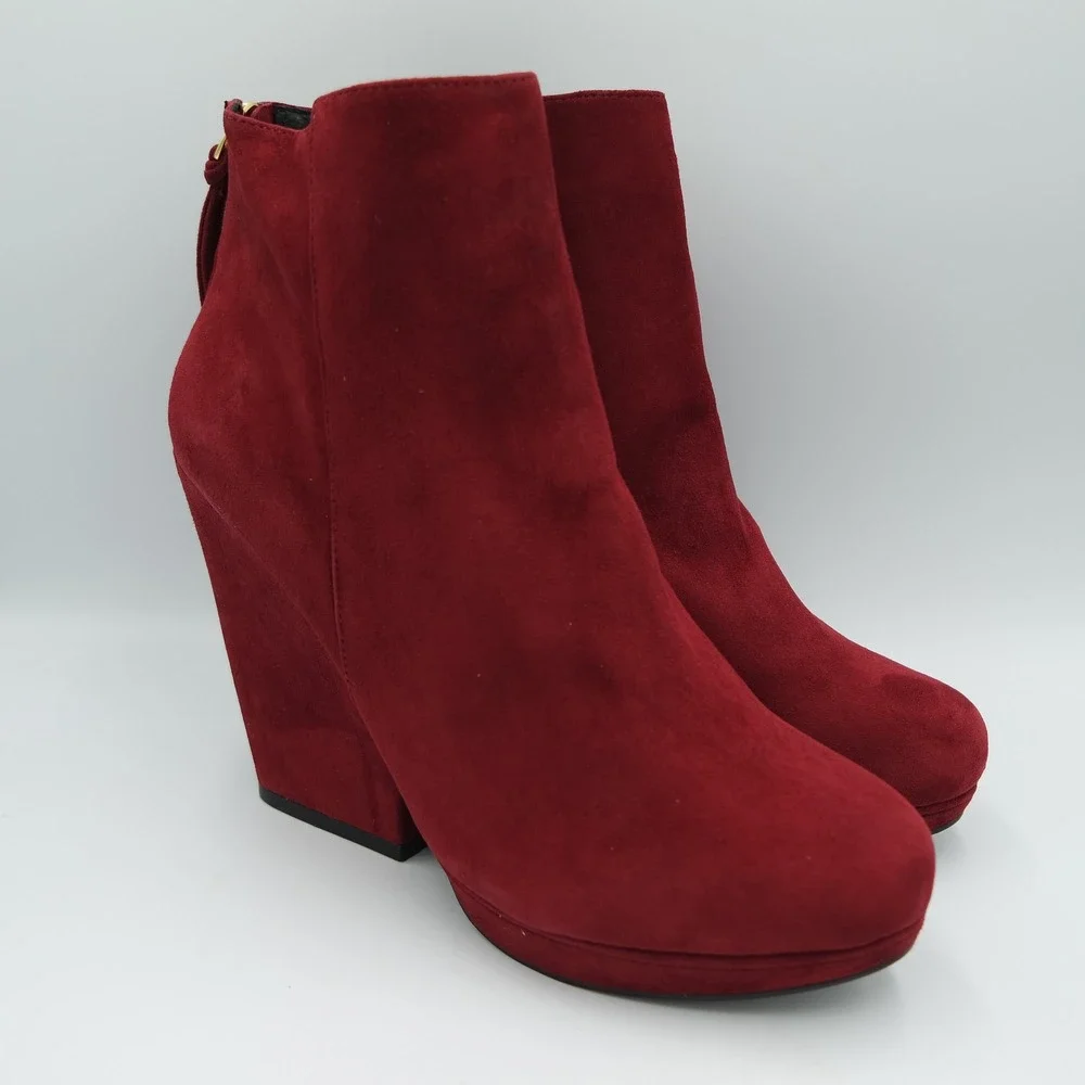 Office London Womens Burgundy Suede Platform Ankle Boots Block Heel Size 40 US 9